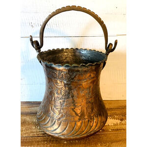 Antique Vintage Persian Copper Bucket Pot with Handle 13" Tall Top of Handle